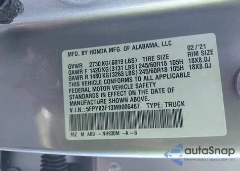 2021 Honda Ridgeline Awd Sport из США, поврежденный, VIN 5FPYK3F13MB006467